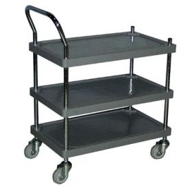 The plastic utility cart is constructed of rugged polyurethane.